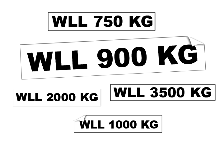 Werklast (WL), maximale last of bedrijfslast (Working Load Limit, WLL) stickers